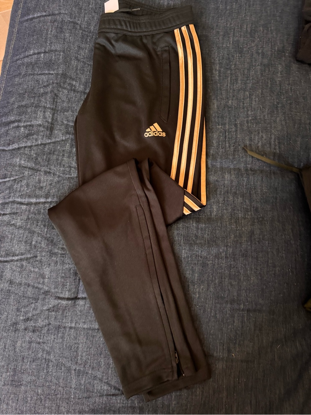 Adidas Black Track Pants with Gold Stripes